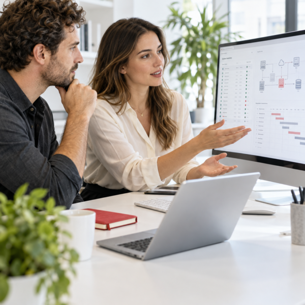 Consultant and business owner reviewing software options and an implementation plan