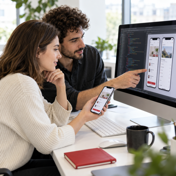 Developers reviewing mobile app code and interface
