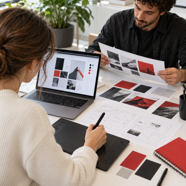 Designers reviewing website and mobile app interface layouts on a monitor