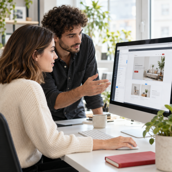 Web designers reviewing a business website in a visual CMS editor