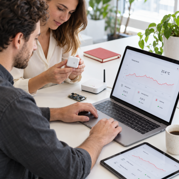 Development team testing connected sensors with an IoT monitoring dashboard