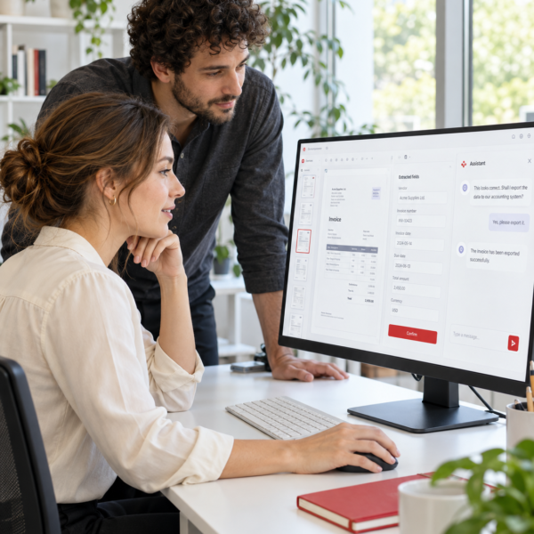 Developers reviewing an AI document processing application on a desktop monitor