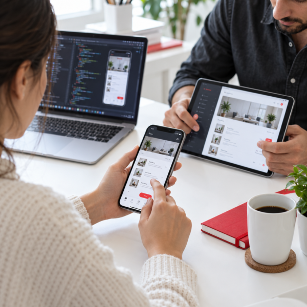 Design Team testing a mobile application on a smartphone and tablet