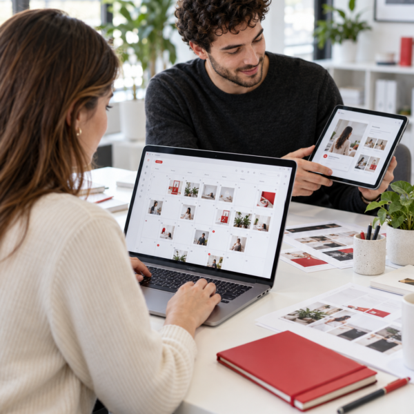 Web designers reviewing a business website in a visual CMS editor