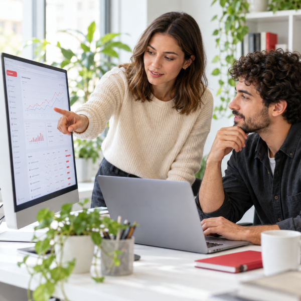 Marketing team reviewing search performance charts on a desktop monitor