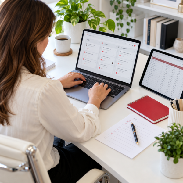 Remote assistant organizing a project task board and business records