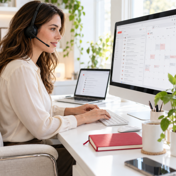 Virtual assistant managing an email inbox and calendar at a desktop computer